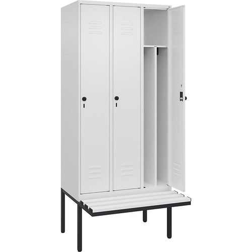 4066681787438 - Schwarz-Weiß-Spind Classic PLUS Sitzbank schmal 3 Abteile Trennwand verkürzt verkehrsweiß B 900 mm Sicherheits-Drehriegel auskragend Kunststoff C+P