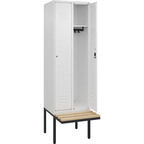 4066681817197 - Spind Classic PLUS Sitzbank 2 Abteile verkehrsweiß B 600 mm Zylinderschloss auskragend Buche-Hartholz C+P