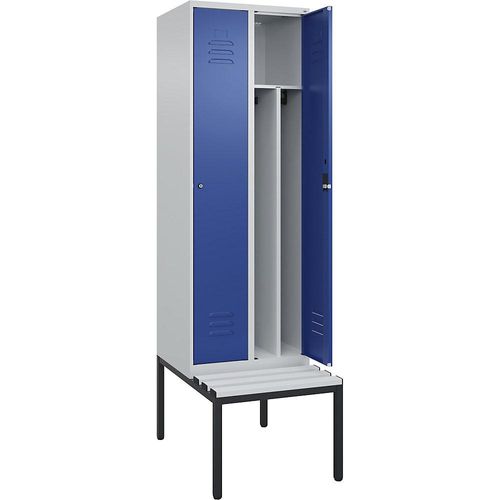 4066681791824 - Schwarz-Weiß-Spind Classic PLUS Sitzbank schmal 2 Abteile Trennwand verkürzt lichtgrau   enzianblau B 600 mm Zylinderschloss untergebaut Kunststoff C+P