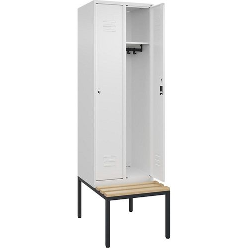 4066681827875 - Spind Classic PLUS Sitzbank 2 Abteile verkehrsweiß B 600 mm Zylinderschloss untergebaut Buche-Hartholz C+P