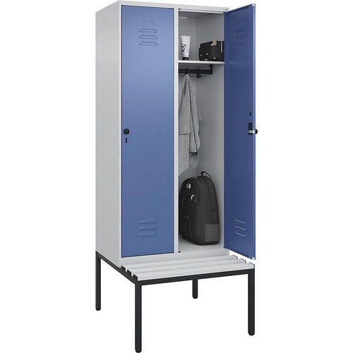 4066681792142 - Spind Classic PLUS Sitzbank 2 Abteile lichtgrau   fernblau B 800 mm Sicherheits-Drehriegel untergebaut Kunststoff C+P