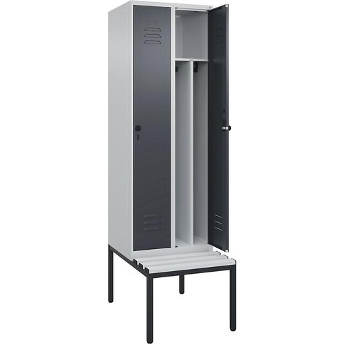 4066681792029 - Schwarz-Weiß-Spind Classic PLUS Sitzbank schmal 2 Abteile Trennwand verkürzt lichtgrau   grau B 600 mm Sicherheits-Drehriegel untergebaut Kunststoff C+P