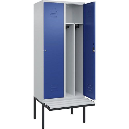 4066681786578 - Schwarz-Weiß-Spind Classic PLUS Sitzbank schmal 2 Abteile Trennwand verkürzt lichtgrau enzianblau B 800 mm Zylinderschloss auskragend Kunststoff C+P 4066681786578 - Schwarz-Weiß-Spind Classic PLUS Sitzbank schmal 2 Abteile Trennwand verkürzt lichtgrau enzianblau B 800 mm Zylinderschloss auskragend Kunststoff C+P