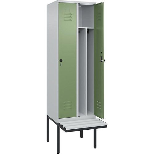 4066681786158 - Schwarz-Weiß-Spind Classic PLUS Sitzbank schmal 2 Abteile Trennwand verkürzt lichtgrau   resedagrün B 600 mm Sicherheits-Drehriegel auskragend Kunststoff C+P