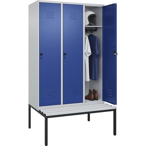 4066681793033 - Spind Classic PLUS Sitzbank 3 Abteile lichtgrau   enzianblau B 1200 mm Sicherheits-Drehriegel untergebaut Kunststoff C+P