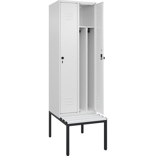 4066681792081 - Schwarz-Weiß-Spind Classic PLUS Sitzbank schmal 2 Abteile Trennwand verkürzt verkehrsweiß B 600 mm Sicherheits-Drehriegel untergebaut Kunststoff C+P