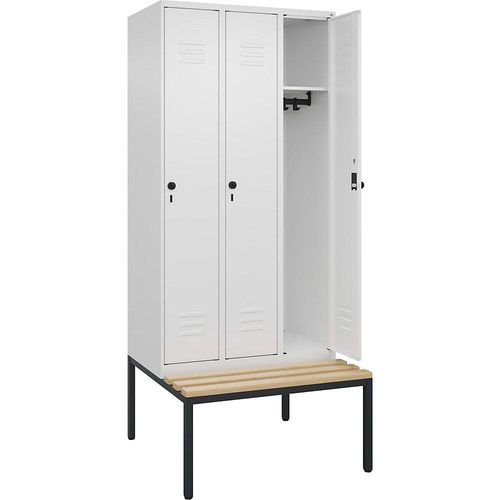 4066681744530 - Spind Classic PLUS Sitzbank 3 Abteile verkehrsweiß B 900 mm Sicherheits-Drehriegel untergebaut Buche-Hartholz C+P