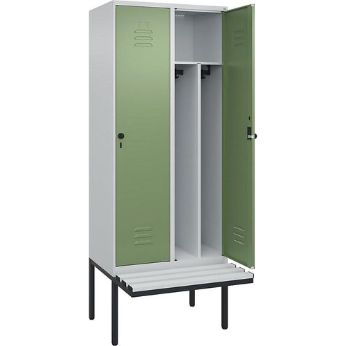 4066681786752 - Schwarz-Weiß-Spind Classic PLUS Sitzbank schmal 2 Abteile Trennwand verkürzt lichtgrau   resedagrün B 800 mm Sicherheits-Drehriegel auskragend Kunststoff C+P