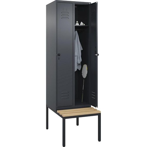 4066681743762 - Spind Classic PLUS Sitzbank 2 Abteile grau B 600 mm Sicherheits-Drehriegel untergebaut Buche-Hartholz C+P