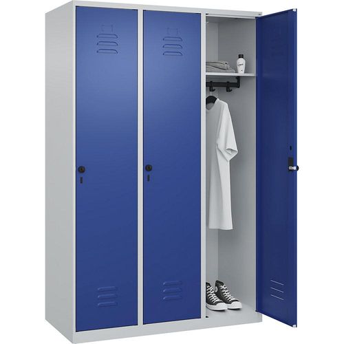 4067521352199 - Spind Classic PLUS 3 Abteile lichtgrau   enzianblau B 1200 mm mit Bodengleitern Drehriegel C+P
