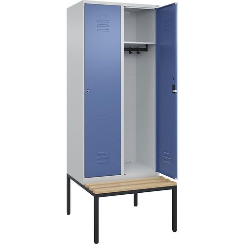 4066681827929 - Spind Classic PLUS Sitzbank 2 Abteile lichtgrau   fernblau B 800 mm Zylinderschloss untergebaut Buche-Hartholz C+P