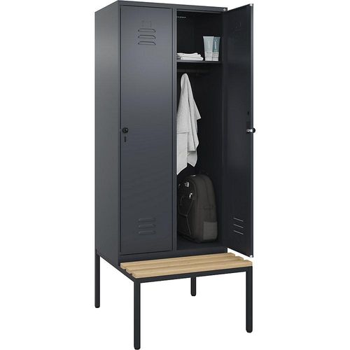 4066681744066 - Spind Classic PLUS Sitzbank 2 Abteile grau B 800 mm Sicherheits-Drehriegel untergebaut Buche-Hartholz C+P