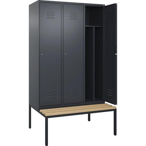 4066681819559 - Schwarz-Weiß-Spind Classic PLUS Sitzbank schmal 3 Abteile Trennwand verkürzt grau B 1200 mm Zylinderschloss untergebaut Buche-Hartholz C+P