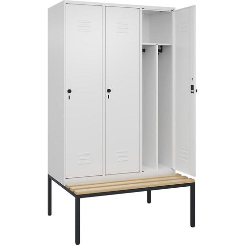 4066681745278 - Schwarz-Weiß-Spind Classic PLUS Sitzbank schmal 3 Abteile Trennwand verkürzt verkehrsweiß B 1200 mm Sicherheits-Drehriegel untergebaut Buche-Hartholz C+P