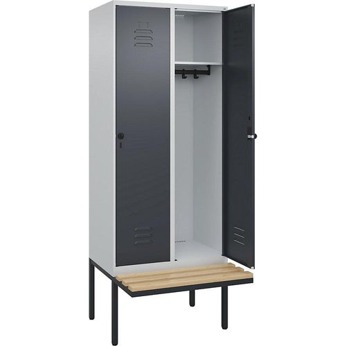 4066681740877 - Spind Classic PLUS Sitzbank 2 Abteile lichtgrau   grau B 800 mm Sicherheits-Drehriegel auskragend Buche-Hartholz C+P
