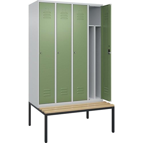 4066681819634 - Schwarz-Weiß-Spind Classic PLUS Sitzbank schmal 4 Abteile Trennwand verkürzt lichtgrau   resedagrün B 1200 mm Zylinderschloss untergebaut Buche-Hartholz C+P
