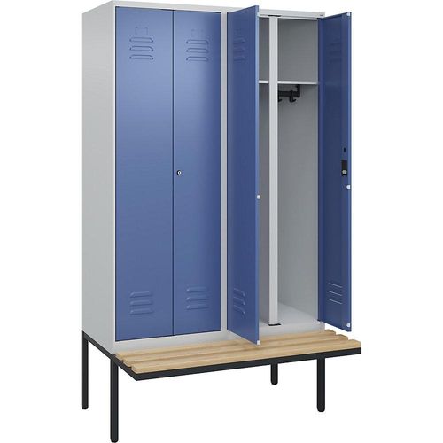 4066681818507 - Schwarz-Weiß-Spind Classic PLUS Sitzbank 2 Abteile lichtgrau   fernblau B 1200 mm Zylinderschloss auskragend Buche-Hartholz C+P