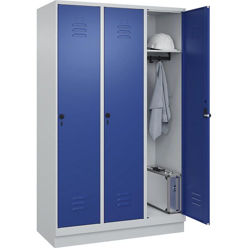 4066681655522 - Spind Classic PLUS 3 Abteile lichtgrau   enzianblau B 1200 mm mit Bodensockel Drehriegel