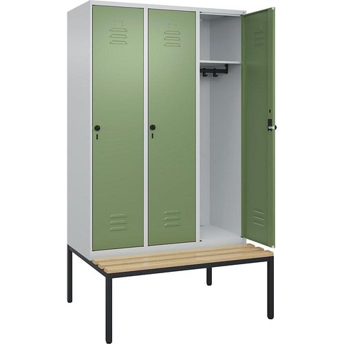 4066681744899 - Spind Classic PLUS Sitzbank 3 Abteile lichtgrau   resedagrün B 1200 mm Sicherheits-Drehriegel untergebaut Buche-Hartholz C+P
