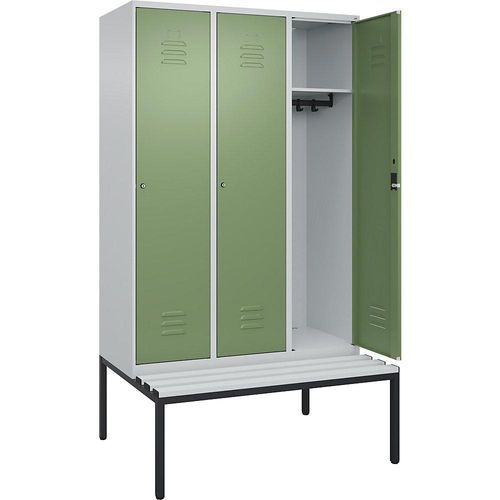 4066681745049 - Spind Classic PLUS Sitzbank 3 Abteile lichtgrau   resedagrün B 1200 mm Zylinderschloss untergebaut Kunststoff C+P