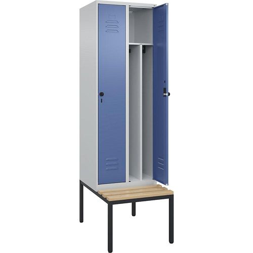 4066681743847 - Schwarz-Weiß-Spind Classic PLUS Sitzbank schmal 2 Abteile Trennwand verkürzt lichtgrau   fernblau B 600 mm Sicherheits-Drehriegel untergebaut Buche-Hartholz C+P