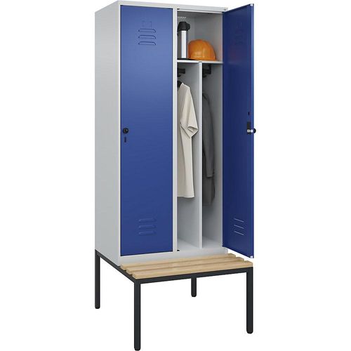 4066681744271 - Schwarz-Weiß-Spind Classic PLUS Sitzbank schmal 2 Abteile Trennwand verkürzt lichtgrau   enzianblau B 800 mm Sicherheits-Drehriegel untergebaut Buche-Hartholz C+P