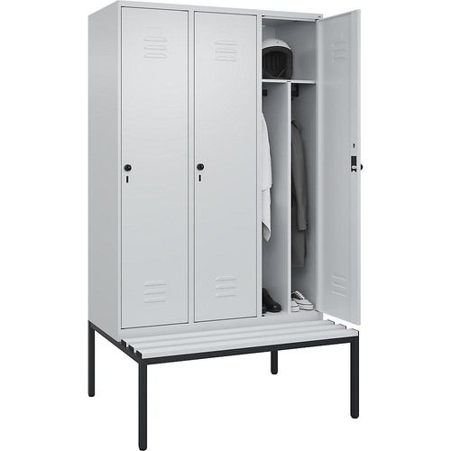 4066681793392 - Schwarz-Weiß-Spind Classic PLUS Sitzbank schmal 3 Abteile Trennwand verkürzt lichtgrau B 1200 mm Sicherheits-Drehriegel untergebaut Kunststoff C+P