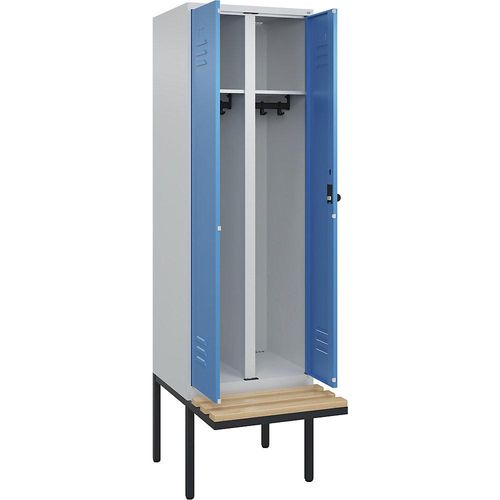 4066681742031 - Schwarz-Weiß-Spind Classic PLUS Sitzbank 1 Abteil lichtgrau   lichtblau B 600 mm Sicherheits-Drehriegel auskragend Buche-Hartholz C+P