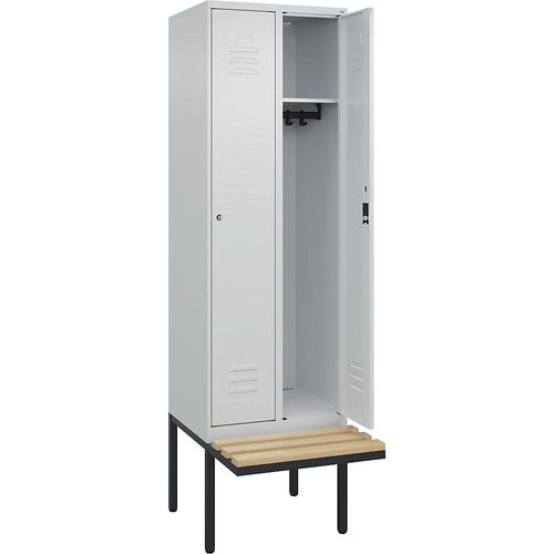 4066681817142 - Spind Classic PLUS Sitzbank 2 Abteile lichtgrau B 600 mm Zylinderschloss auskragend Buche-Hartholz C+P