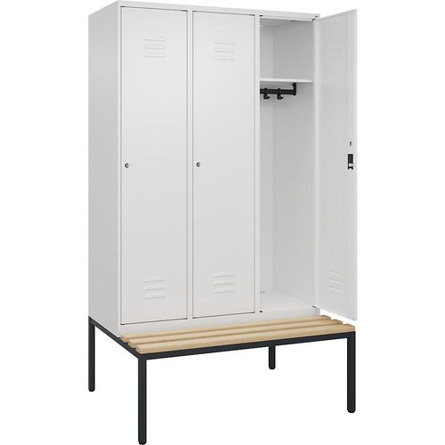 4066681828292 - Spind Classic PLUS Sitzbank 3 Abteile verkehrsweiß B 1200 mm Zylinderschloss untergebaut Buche-Hartholz C+P
