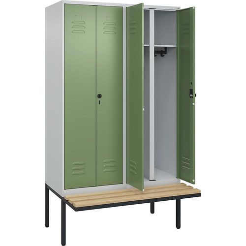 4066681742659 - Schwarz-Weiß-Spind Classic PLUS Sitzbank 2 Abteile lichtgrau resedagrün B 1200 mm Sicherheits-Drehriegel auskragend Buche-Hartholz C+P 4066681742659 - Schwarz-Weiß-Spind Classic PLUS Sitzbank 2 Abteile lichtgrau resedagrün B 1200 mm Sicherheits-Drehriegel auskragend Buche-Hartholz C+P