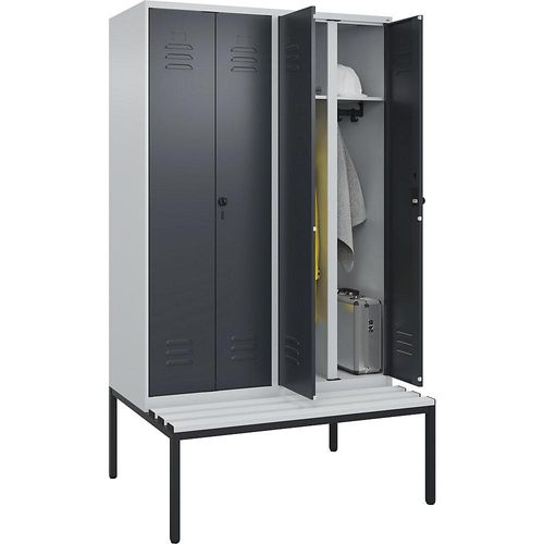 4066681795334 - Schwarz-Weiß-Spind Classic PLUS Sitzbank 2 Abteile lichtgrau   grau B 1200 mm Sicherheits-Drehriegel untergebaut Kunststoff C+P