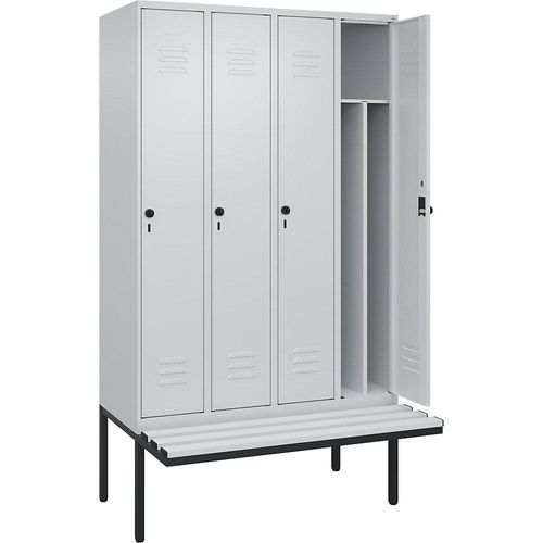 4066681788589 - Schwarz-Weiß-Spind Classic PLUS Sitzbank schmal 4 Abteile Trennwand verkürzt lichtgrau B 1200 mm Sicherheits-Drehriegel auskragend Kunststoff C+P