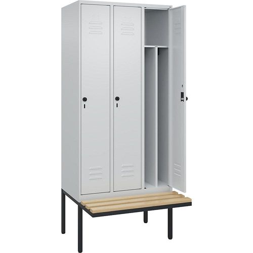 4066681741331 - Schwarz-Weiß-Spind Classic PLUS Sitzbank schmal 3 Abteile Trennwand verkürzt lichtgrau B 900 mm Sicherheits-Drehriegel auskragend Buche-Hartholz C+P