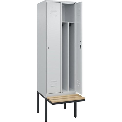 4066681817289 - Schwarz-Weiß-Spind Classic PLUS Sitzbank schmal 2 Abteile Trennwand verkürzt lichtgrau B 600 mm Zylinderschloss auskragend Buche-Hartholz C+P