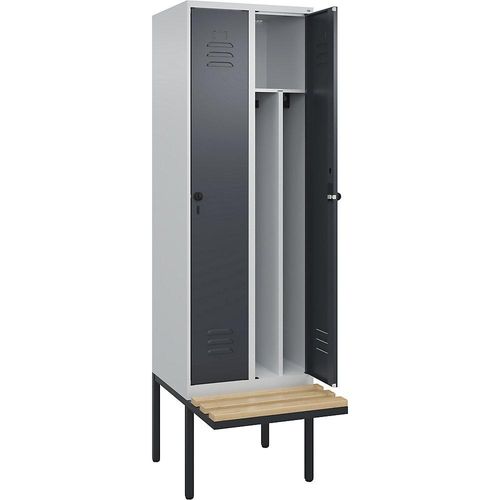 4066681740723 - Schwarz-Weiß-Spind Classic PLUS Sitzbank schmal 2 Abteile Trennwand verkürzt lichtgrau grau B 600 mm Sicherheits-Drehriegel auskragend Buche-Hartholz C+P 4066681740723 - Schwarz-Weiß-Spind Classic PLUS Sitzbank schmal 2 Abteile Trennwand verkürzt lichtgrau grau B 600 mm Sicherheits-Drehriegel auskragend Buche-Hartholz C+P