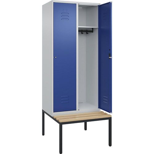 4066681827905 - Spind Classic PLUS Sitzbank 2 Abteile lichtgrau   enzianblau B 800 mm Zylinderschloss untergebaut Buche-Hartholz C+P