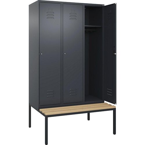 4066681828278 - Spind Classic PLUS Sitzbank 3 Abteile grau B 1200 mm Zylinderschloss untergebaut Buche-Hartholz C+P