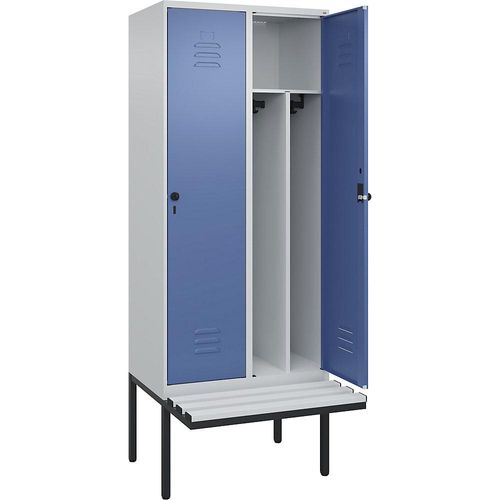 4066681786745 - Schwarz-Weiß-Spind Classic PLUS Sitzbank schmal 2 Abteile Trennwand verkürzt lichtgrau   fernblau B 800 mm Sicherheits-Drehriegel auskragend Kunststoff C+P