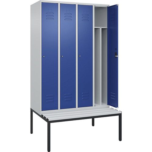 4066681793637 - Schwarz-Weiß-Spind Classic PLUS Sitzbank schmal 4 Abteile Trennwand verkürzt lichtgrau   enzianblau B 1200 mm Zylinderschloss untergebaut Kunststoff C+P