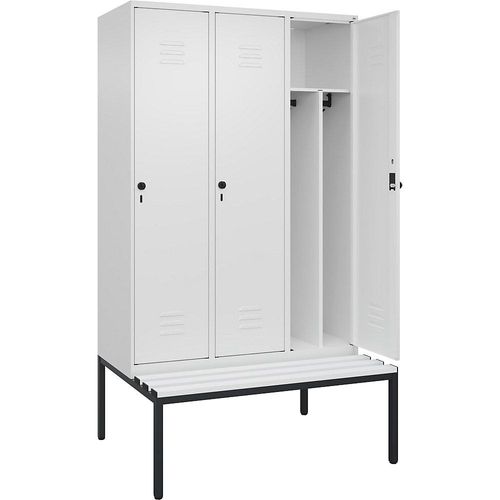 4066681793446 - Schwarz-Weiß-Spind Classic PLUS Sitzbank schmal 3 Abteile Trennwand verkürzt verkehrsweiß B 1200 mm Sicherheits-Drehriegel untergebaut Kunststoff C+P