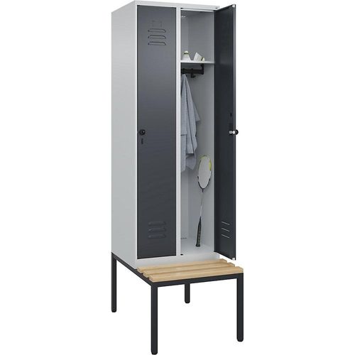4066681743724 - Spind Classic PLUS Sitzbank 2 Abteile lichtgrau   grau B 600 mm Sicherheits-Drehriegel untergebaut Buche-Hartholz C+P