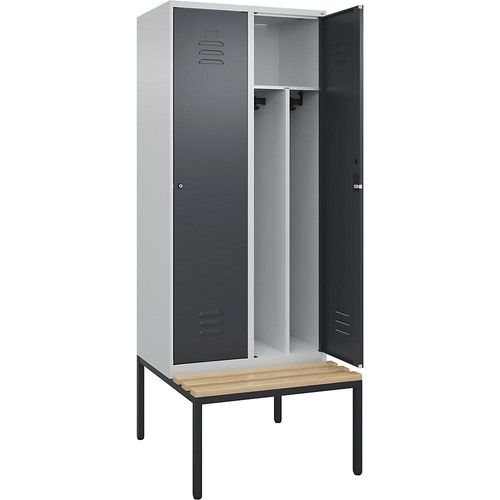 4066681819238 - Schwarz-Weiß-Spind Classic PLUS Sitzbank schmal 2 Abteile Trennwand verkürzt lichtgrau   grau B 800 mm Zylinderschloss untergebaut Buche-Hartholz C+P