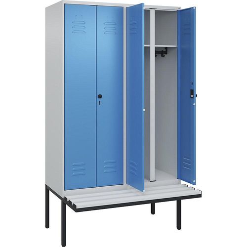 4066681790032 - Schwarz-Weiß-Spind Classic PLUS Sitzbank 2 Abteile lichtgrau   lichtblau B 1200 mm Sicherheits-Drehriegel auskragend Kunststoff C+P