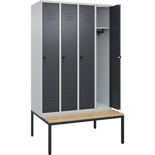 4066681745360 - Spind Classic PLUS Sitzbank 4 Abteile lichtgrau   grau B 1200 mm Sicherheits-Drehriegel untergebaut Buche-Hartholz C+P