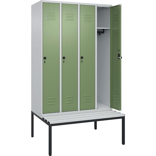 4066681793514 - Spind Classic PLUS Sitzbank 4 Abteile lichtgrau   resedagrün B 1200 mm Sicherheits-Drehriegel untergebaut Kunststoff C+P