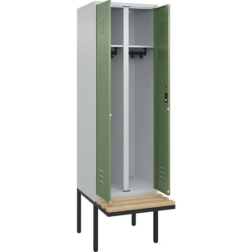 4066681817951 - Schwarz-Weiß-Spind Classic PLUS Sitzbank 1 Abteil lichtgrau   resedagrün B 600 mm Zylinderschloss auskragend Buche-Hartholz C+P