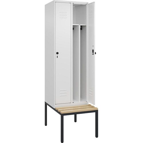 4066681743939 - Schwarz-Weiß-Spind Classic PLUS Sitzbank schmal 2 Abteile Trennwand verkürzt verkehrsweiß B 600 mm Sicherheits-Drehriegel untergebaut Buche-Hartholz C+P