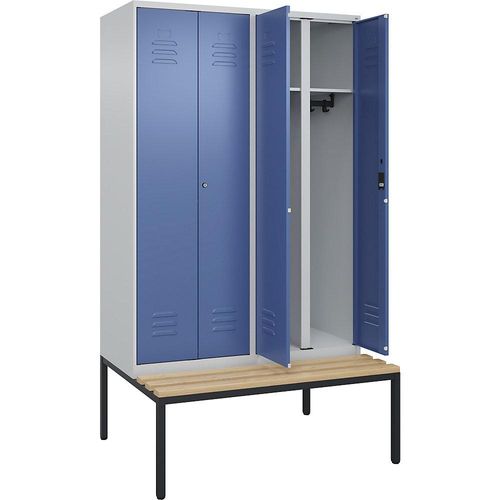 4066681820326 - Schwarz-Weiß-Spind Classic PLUS Sitzbank 2 Abteile lichtgrau   fernblau B 1200 mm Zylinderschloss untergebaut Buche-Hartholz C+P