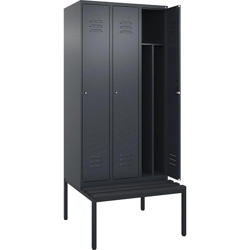 4066681792821 - Schwarz-Weiß-Spind Classic PLUS Sitzbank schmal 3 Abteile Trennwand verkürzt grau B 900 mm Zylinderschloss untergebaut Kunststoff C+P 4066681792821 - Schwarz-Weiß-Spind Classic PLUS Sitzbank schmal 3 Abteile Trennwand verkürzt grau B 900 mm Zylinderschloss untergebaut Kunststoff C+P